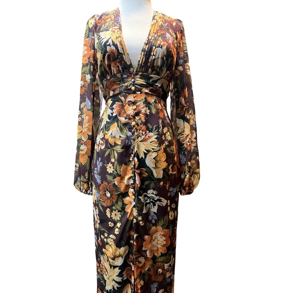 Showpo Womens Maxi Dress Brown Floral V-Neck Bishop Sleeve Boho Wedding Guest 2